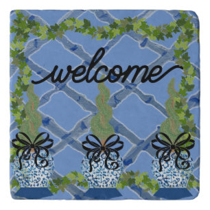 Chinoiserie Blue Ginger Jars Topiary Trivet