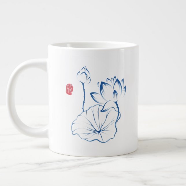 Chinoiserie Blue Lotus Inspiring Quote Giant Coffee Mug (Left)