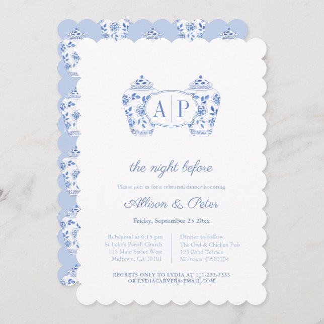 Chinoiserie Blue Monogram Wedding Rehearsal Dinner Invitation (Front/Back)