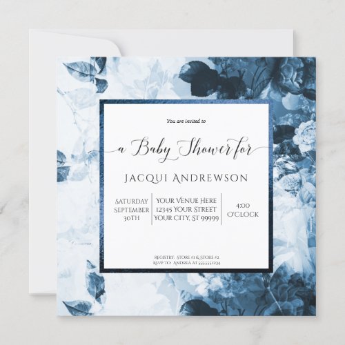 Chinoiserie Blue n White Floral Script Baby Shower Invitation