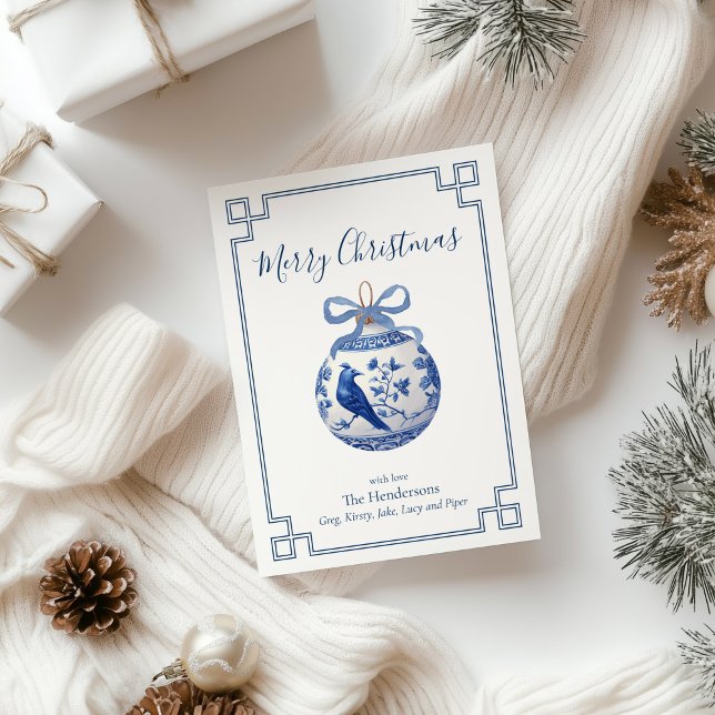 Chinoiserie Blue Ornament with Bow  Holiday Card (Chinoiserie Christmas Ornament card)