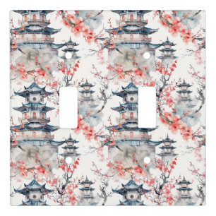 Chinoiserie Blue Pagoda Pink Blossom Floral Light Switch Cover