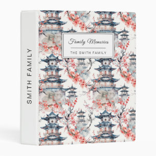 Chinoiserie Blue Pagoda Pink Blossom Floral Mini Binder