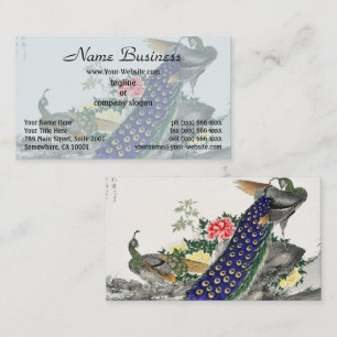 Chinoiserie Blue Peacock Pink Peony Botanical Art Business Card