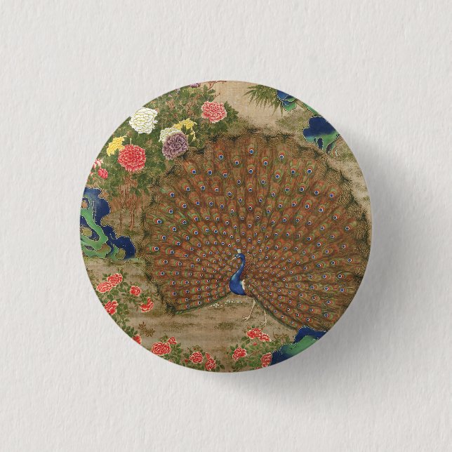 Chinoiserie Blue Peacock with Exotic Flower Garden Button (Front)