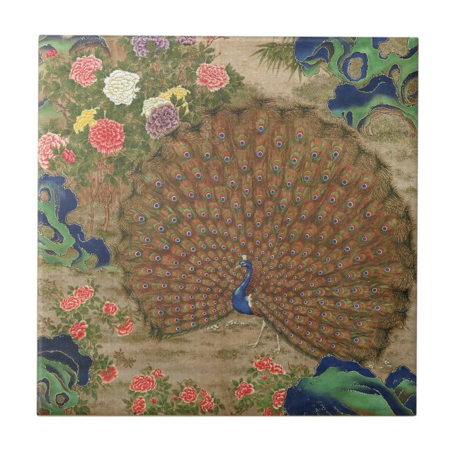 Chinoiserie Blue Peacock with Exotic Flower Garden Ceramic Tile (Front)