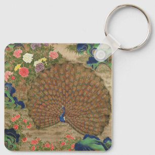 Chinoiserie Blue Peacock with Exotic Flower Garden Keychain