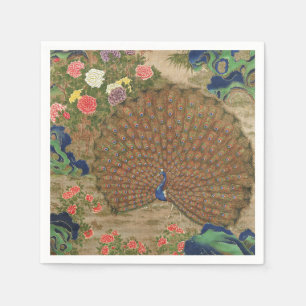 Chinoiserie Blue Peacock with Exotic Flower Garden Napkins