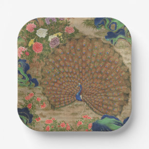 Chinoiserie Blue Peacock with Exotic Flower Garden Paper Plates