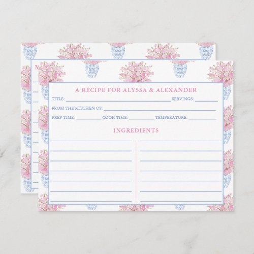 Chinoiserie Blue  Pink Bridal Shower Recipe Card