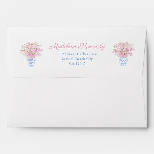 Chinoiserie Blue Pink Wedding Return Address Envelope