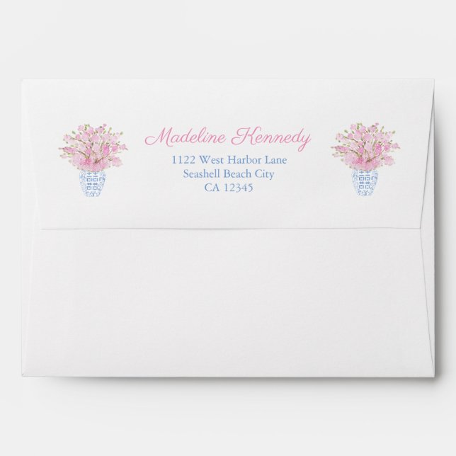 Chinoiserie Blue Pink Wedding Return Address Envelope (Back (Top Flap))