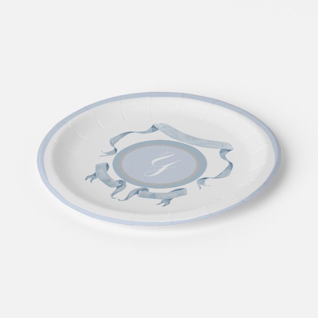 Chinoiserie Blue Ribbons Logo Crest  Paper Plates (Angled)