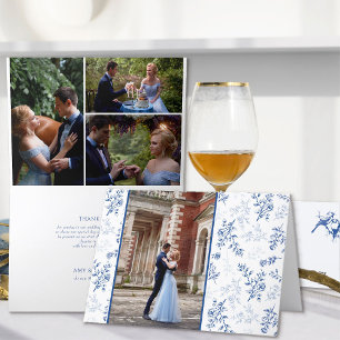 Chinoiserie Blue Romantic Elegance 4 Photo Wedding Letterpress Thank You Card