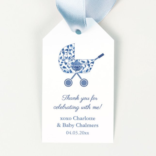 Chinoiserie Blue Stroller Baby Shower Favor Tag (Preppy blue and white hand painted watercolor chinoiserie print stroller baby shower favor tags)