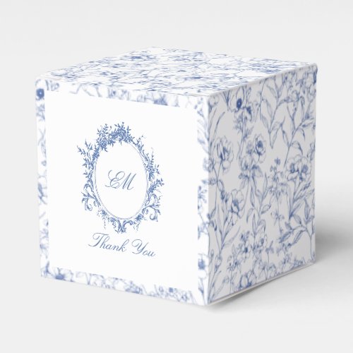 Chinoiserie Blue Toile Floral Crest Wedding Favor Boxes