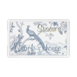 Chinoiserie Blue Toile Peacock Custom Mahjong Acrylic Tray