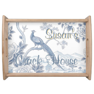 Chinoiserie Blue Toile Peacock Custom Mahjong Serving Tray