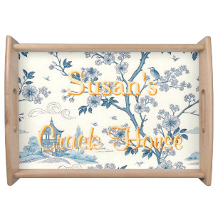 Chinoiserie Blue Toile Peacock Custom Mahjong Serving Tray