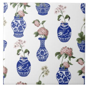 Chinoiserie blue vases and flowers ceramic tile