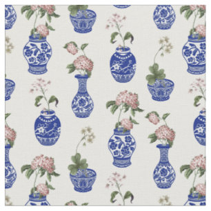 Chinoiserie blue vases and flowers fabric