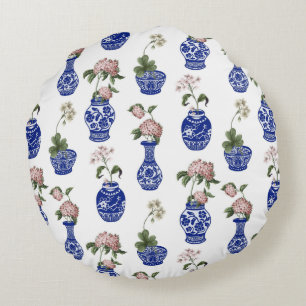 Chinoiserie blue vases and flowers  round pillow