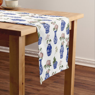 Chinoiserie blue vases and flowers short table runner