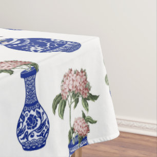 Chinoiserie blue vases and flowers tablecloth