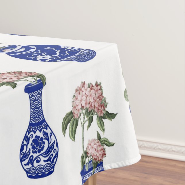 Chinoiserie blue vases and flowers  tablecloth (In Situ)