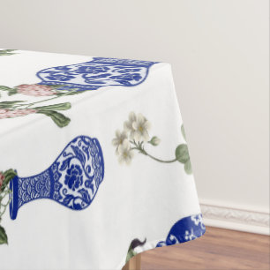 Chinoiserie blue vases and flowers tablecloth