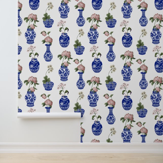 Chinoiserie blue vases and flowers  wallpaper  (Application)