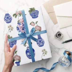 Chinoiserie blue vases and flowers wrapping paper