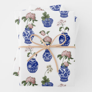 Chinoiserie blue vases and flowers wrapping paper sheets