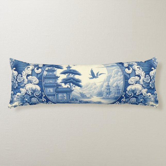 Chinoiserie Blue White Asian Pagoda Lake Cranes Body Pillow (Front)