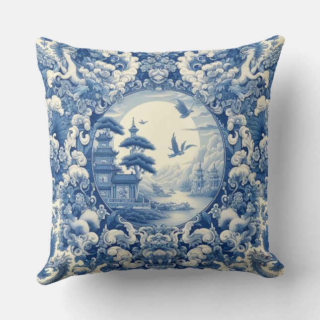 Chinoiserie Blue White Asian Pagoda Lake Cranes Throw Pillow (Back)