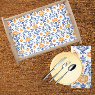  Chinoiserie Blue White Autumn Orange Pumpkins Serving Tray