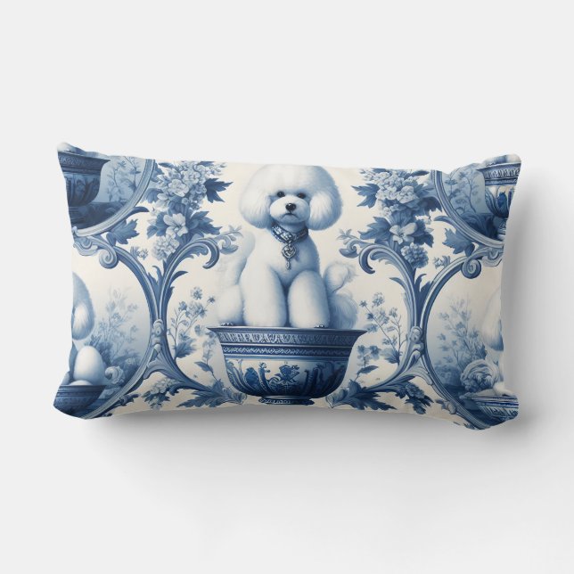 Chinoiserie blue & white Bichon Frise  Lumbar Pillow (Back)