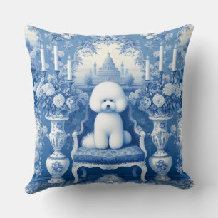 Chinoiserie Blue White Bichon Frise Throw Pillow