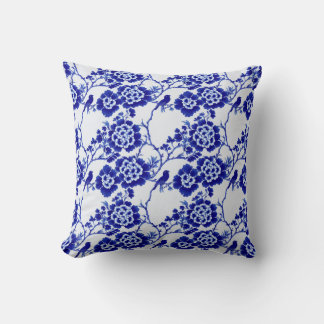 Chinoiserie Blue White Bird Floral Porcelain Asian Throw Pillow