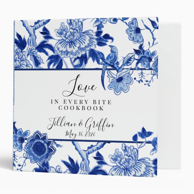 Chinoiserie Blue White Bird Foliage Bridal Recipe 3 Ring Binder (Front/Inside)