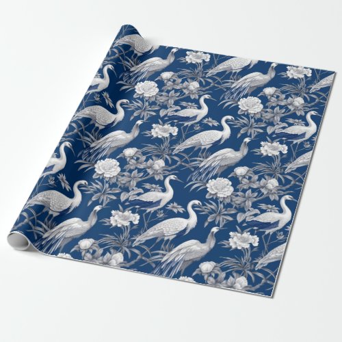 Chinoiserie Blue White Birds Painting Wrapping Paper