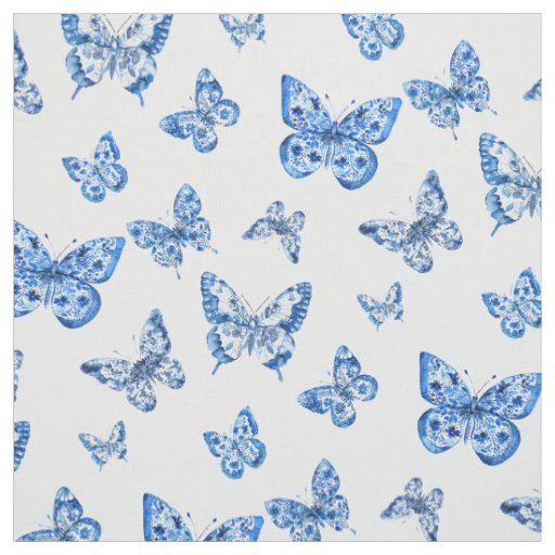 Chinoiserie Blue White Butterfly  Fabric