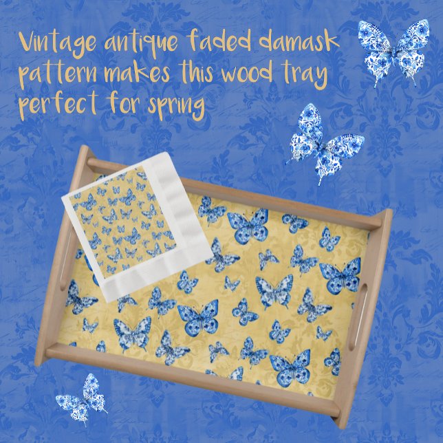  Chinoiserie Blue White Butterfly Faded Damask  Serving Tray (Creator Uploaded)