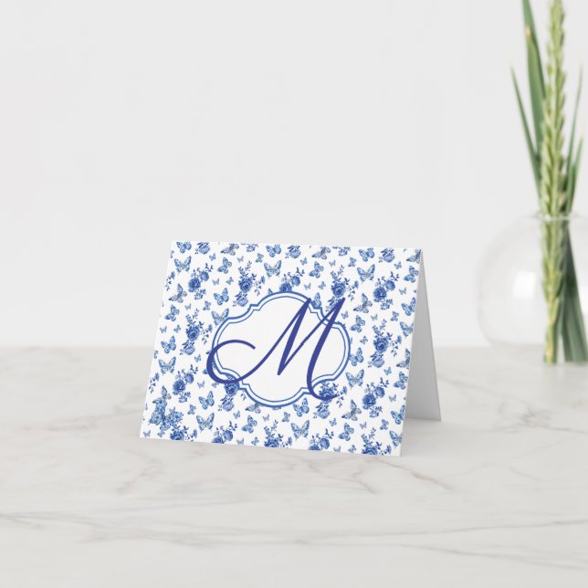 Chinoiserie Blue White Butterfly Rose Monogram  Holiday Card (Front)