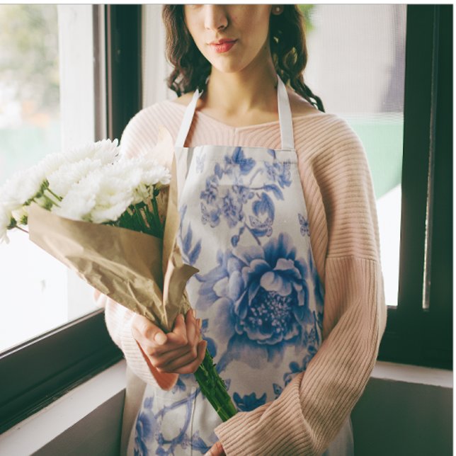Chinoiserie Blue White Butterfly Roses  Apron (Romantic roses and butterflies)