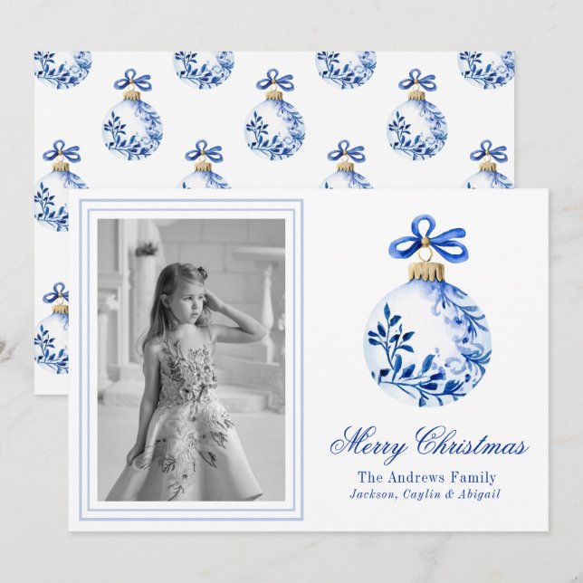 Chinoiserie Blue & White Christmas Ornament Photo Holiday Card (Front/Back)