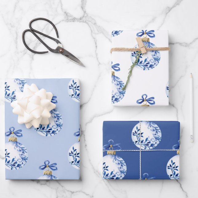 Chinoiserie Blue & White Christmas Ornaments Wrapping Paper Sheets (Front)