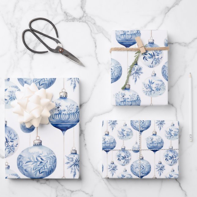Chinoiserie Blue & White Christmas Ornaments Wrapping Paper Sheets (Front)