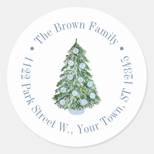 Chinoiserie Blue White Christmas Return Address Classic Round Sticker