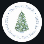 Chinoiserie Blue White Christmas Return Address Classic Round Sticker<br><div class="desc">This flexible sticker design features a Christmas tree decorated with blue and white ginger jar ornaments, with circular text border. Shown here for a return address label but all of the text fields are flexible to your needs eg could be a thank you favor sticker. All watercolor elements originally handpainted...</div>